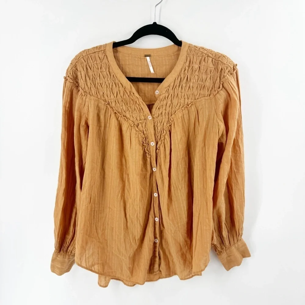✅ FREE PEOPLE Marigold Button Down Top SIZE X-SMALL OVERSIZED‎ LONG SLEEVE